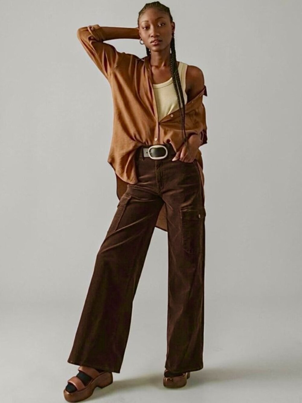 MOTHER The Undercover Cargo Wide Leg Pants Sz 30 Brown Corduroy